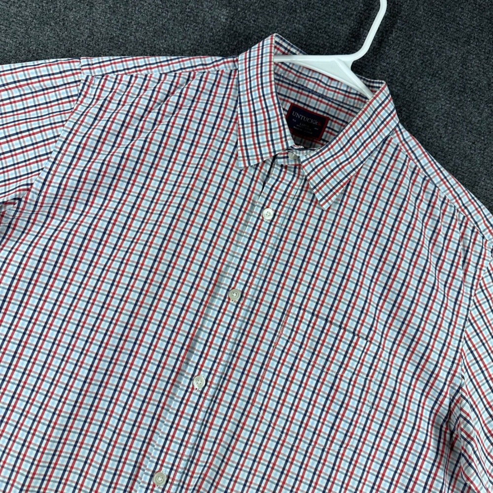 UNTUCKit Button Down Shirt Mens L Large Red White Blue Plaid Short Sleeve Cotton